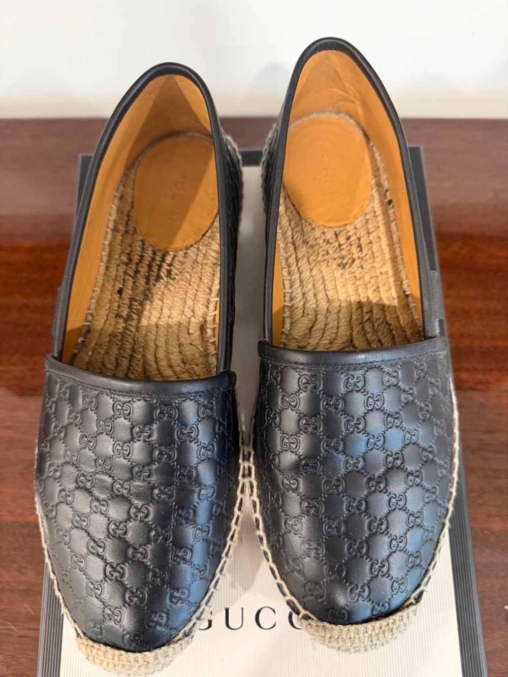 Gucci Black Leather Embossed GG Espadrille Slip-Ons - Picture 2 of 5
